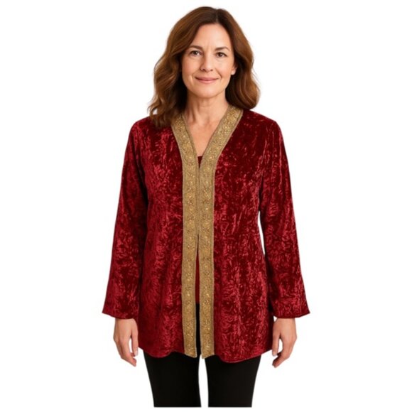 Soft Surroundings Jackets & Blazers - Soft Surroundings Large Misandai Ruby Gold Beaded Crushed Velvet Jacket …